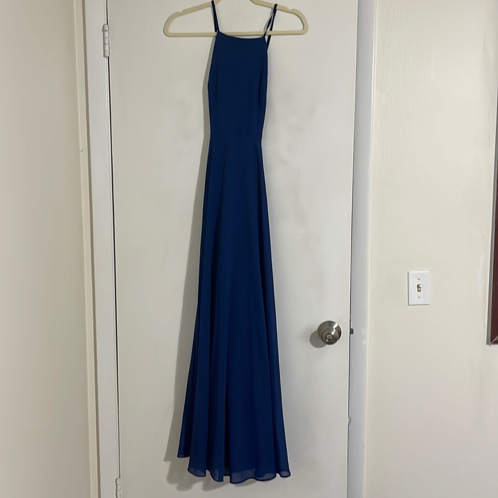 Women’s navy blue floor length gown. Size XS